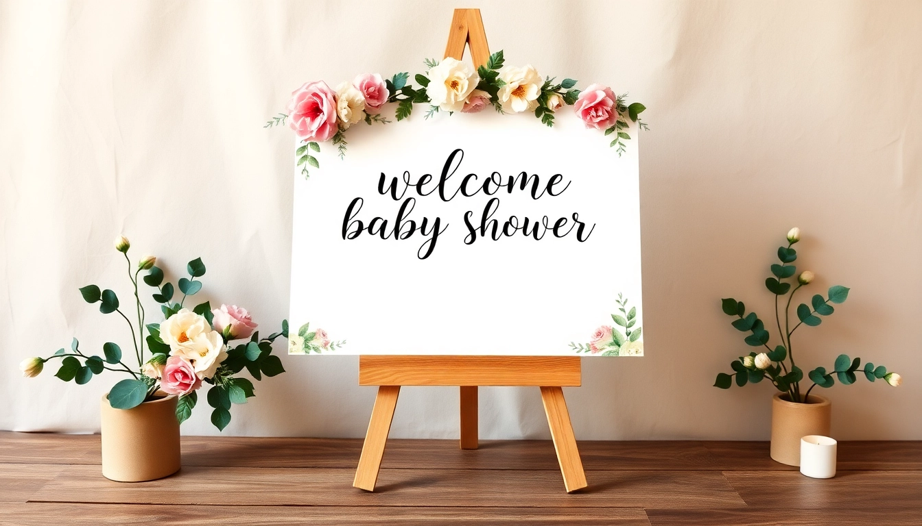 Beautiful baby shower welcome sign with floral design on a stand, adding charm to the celebration entryway.