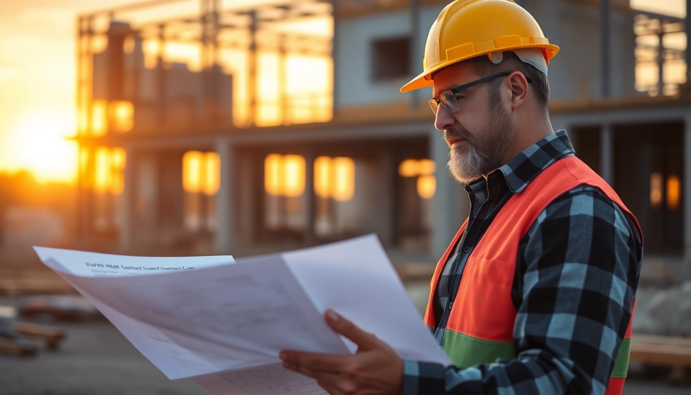 Experienced contractor reviewing project plans on construction site for quality assurance