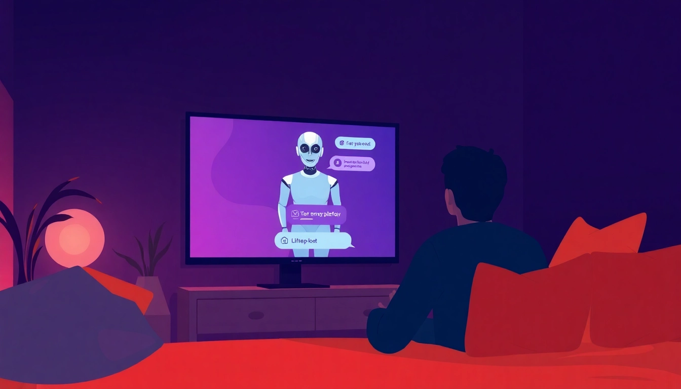 A person conversing with a lifelike AI chatbot in a cozy room.
