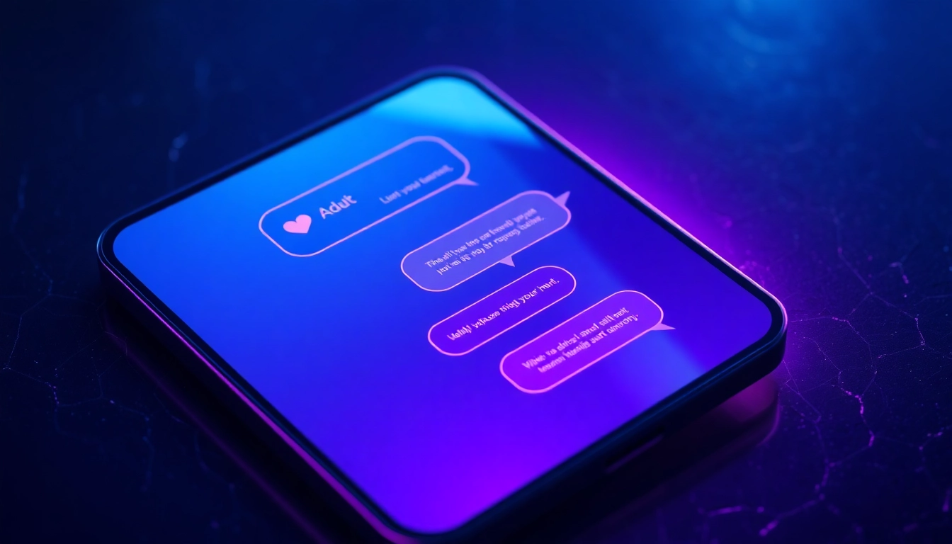 Futuristic AI chat interface with neon accents and digital textures, emphasizing adult-themed conversation.