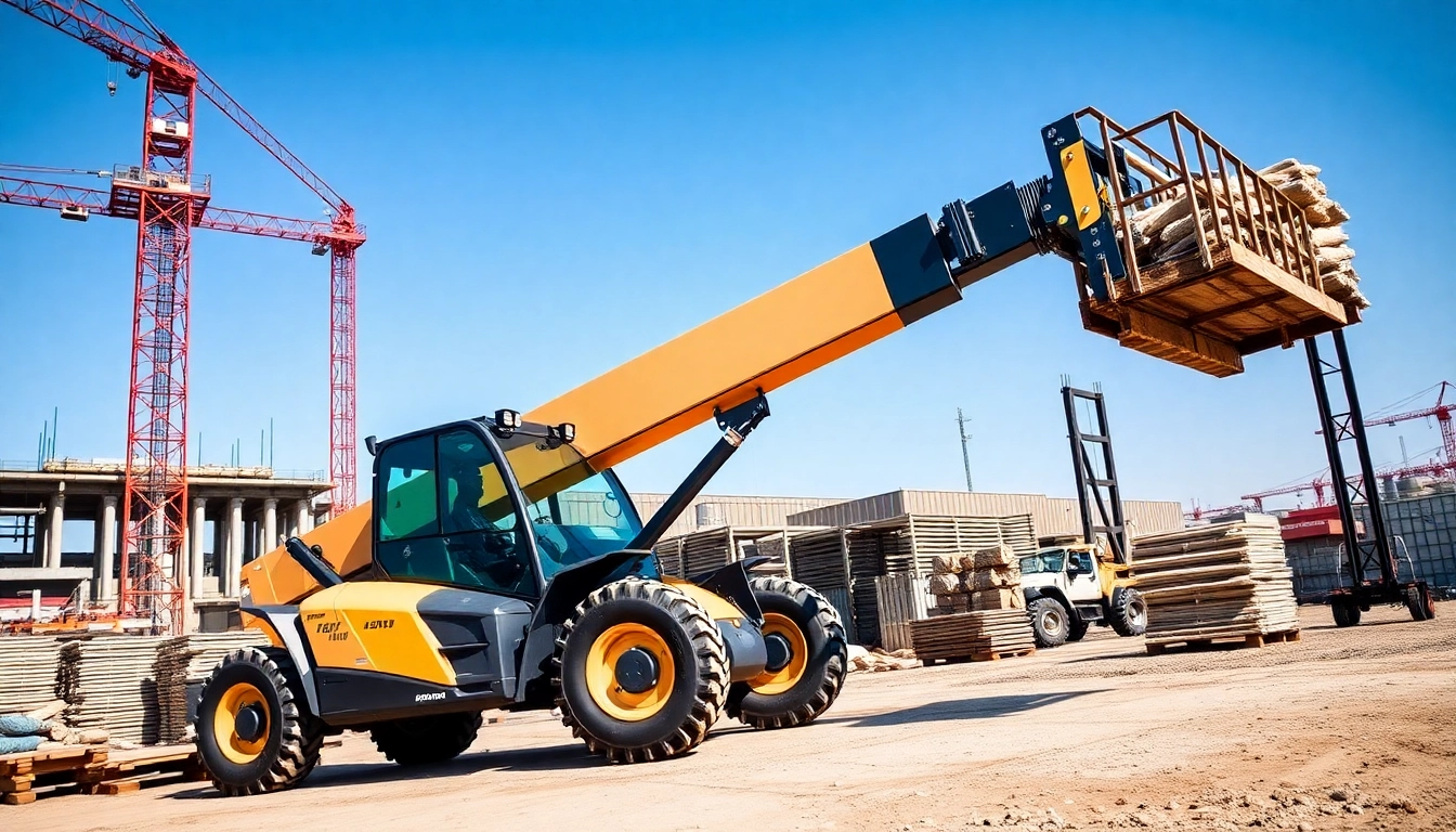 Reliable telehandler rental on a busy construction site demonstrating versatility and safety in lifting operations.