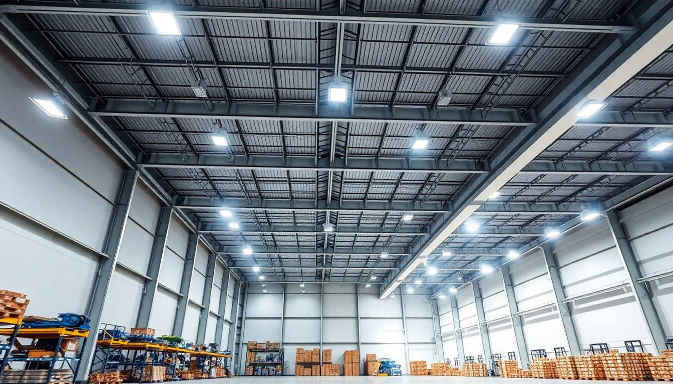 Moderne LED-Industriebeleuchtung in einer großen Fabrikhalle