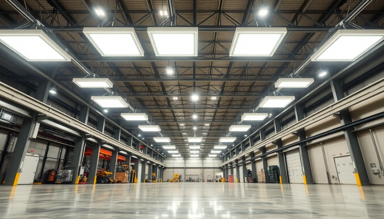 Moderne Industriehalle mit LED-Beleuchtung, hohe Decken, reflektierende Böden, klare und helle Lichtverhältnisse