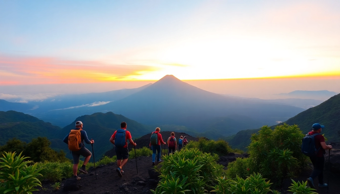 Hikers ascending Mount Rinjani at sunrise with lush greenery and volcanic terrain in the foreground.