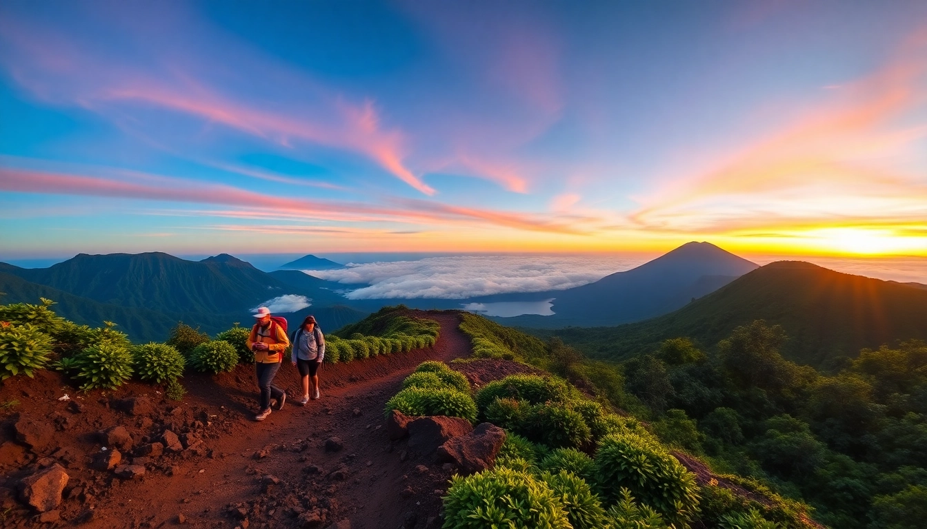 Hikers ascending Mount Rinjani at sunrise with scenic volcanic landscape