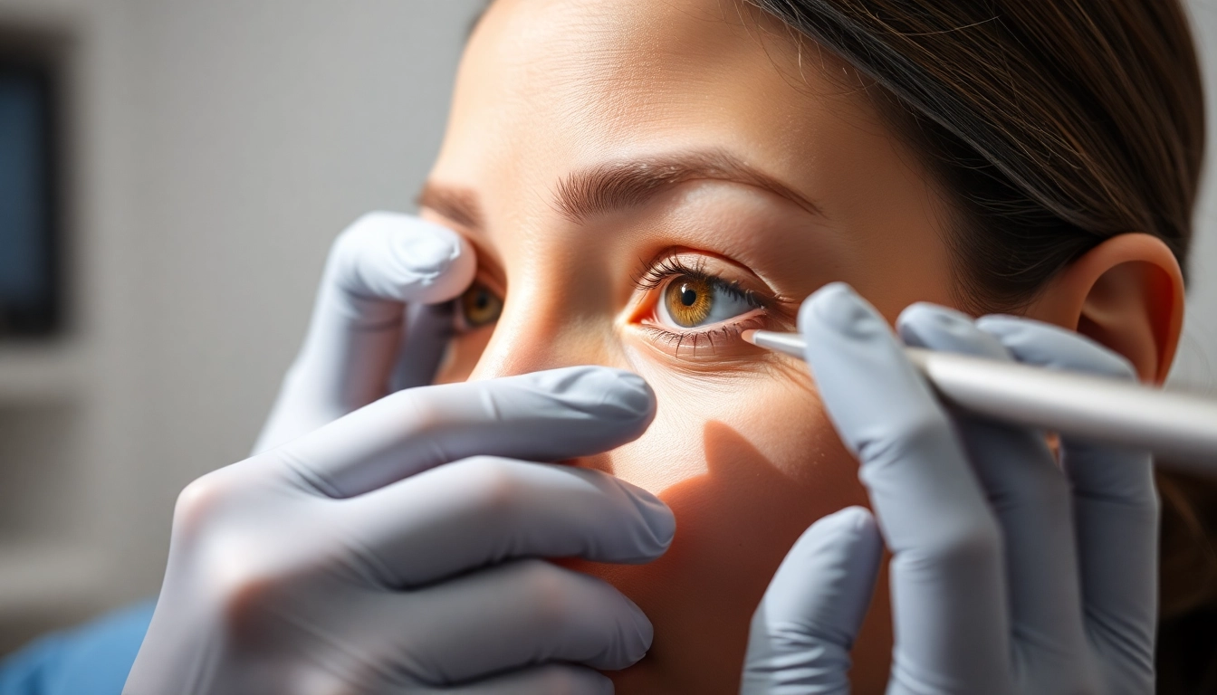 Oberlidstraffung Zürich: Expert surgeon performs precise eyelid lift in modern clinic for a refreshed look.