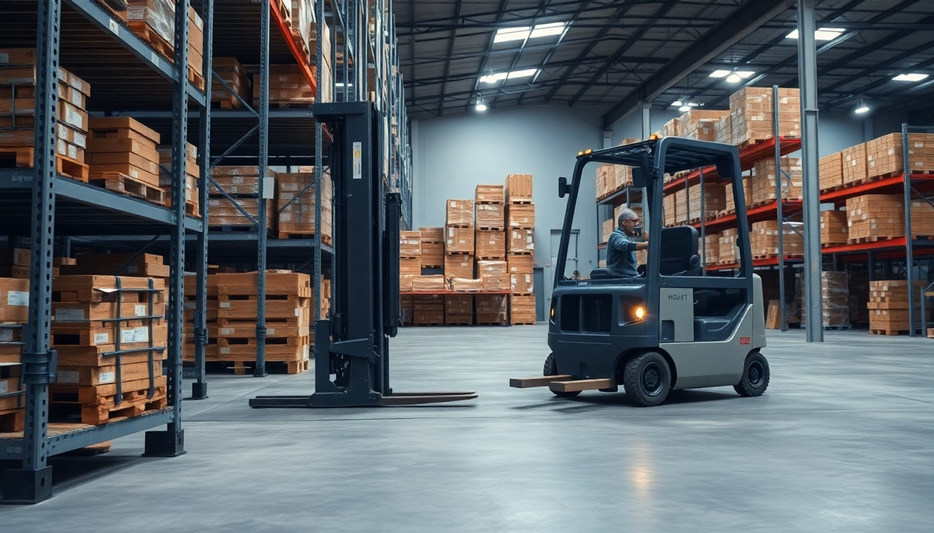 Efficient forklift rental solutions for industrial and warehousing needs, showcasing a modern forklift truck lifting pallets in a professional environment.