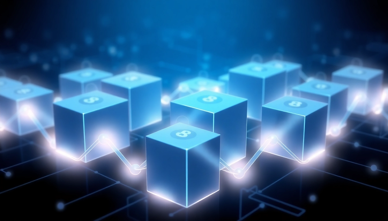 Visual depicting blockchain technology with interconnected digital blocks, symbolizing secure data sharing and decentralization.
