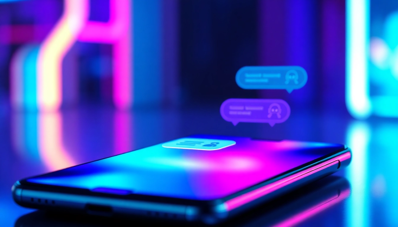 A futuristic digital chat interface on a modern device with colorful neon accents and holographic effects.
