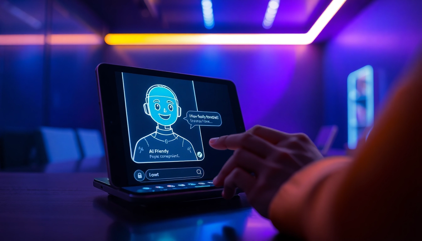A person interacting with a friendly AI hologram on a modern device in a neon-lit room, illustrating advanced chatbot technology and personalized AI characters.