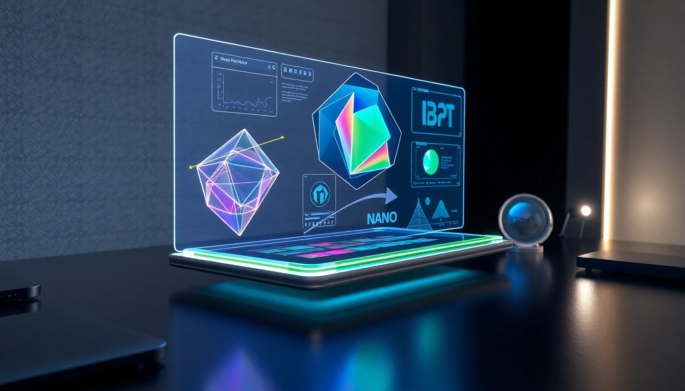 Futuristic AI workspace with holographic image editing interface displaying colorful 3D shapes and tools