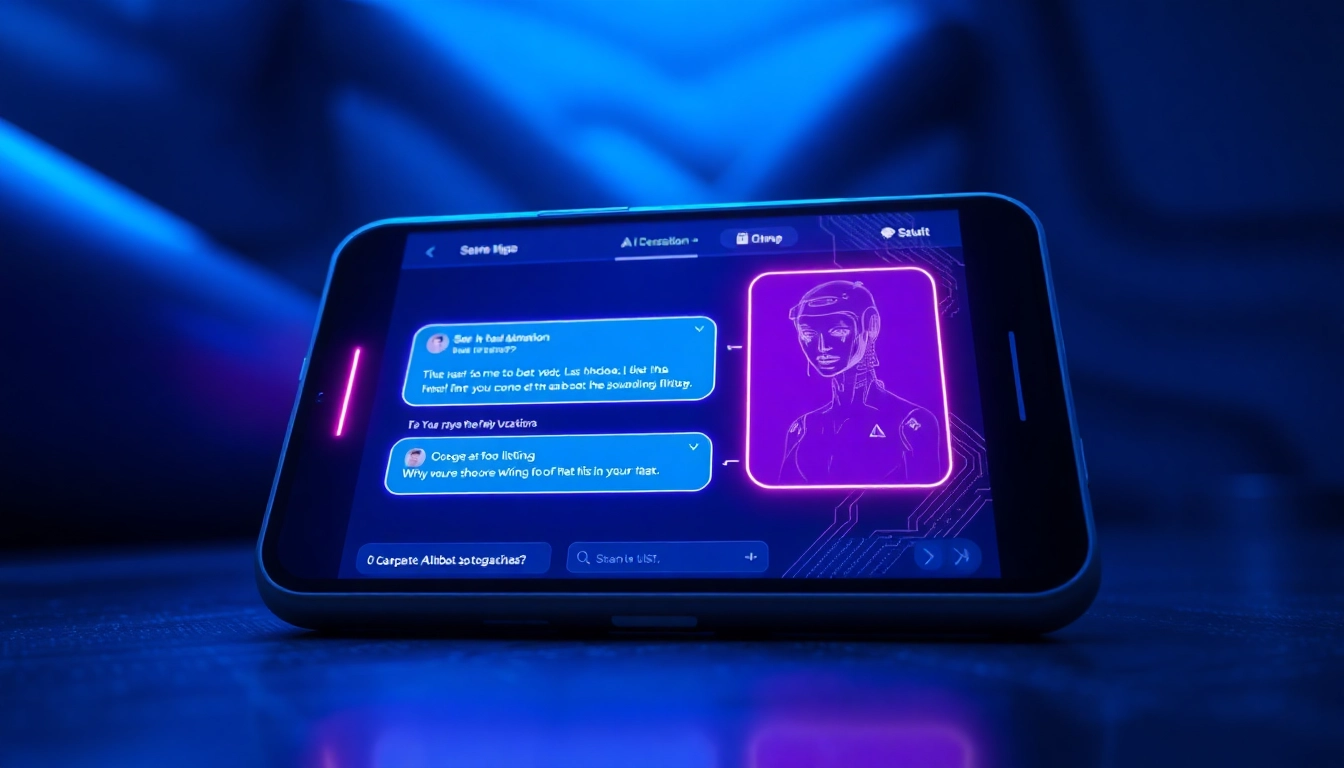 Close-up of a futuristic AI chatbot interface on a device screen with neon accents and cyberpunk aesthetics.