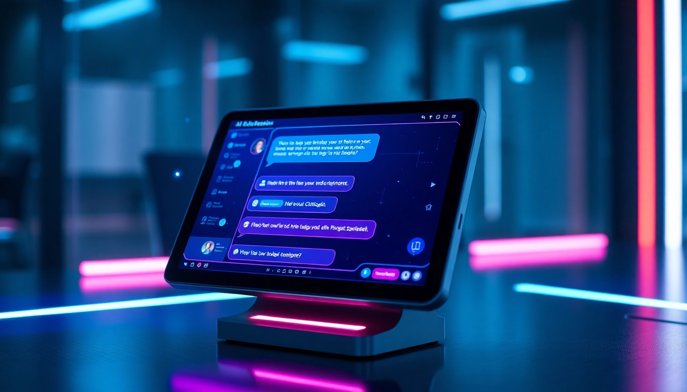 An advanced AI chatbot interface on a high-tech screen with neon accents and holographic elements in a modern workspace.