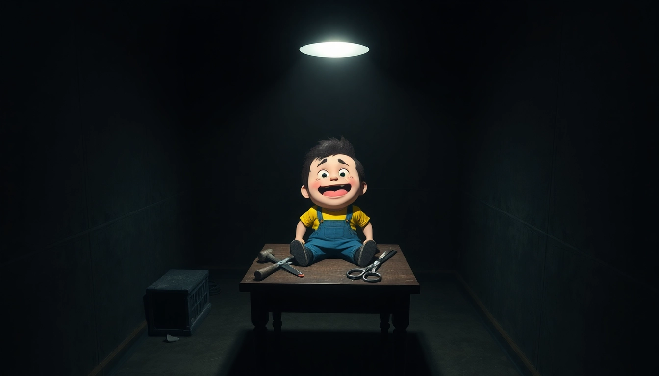 A dark, haunting scene of Harvey suffering in a dimly lit room with tools and shadows emphasizing the horror mood.