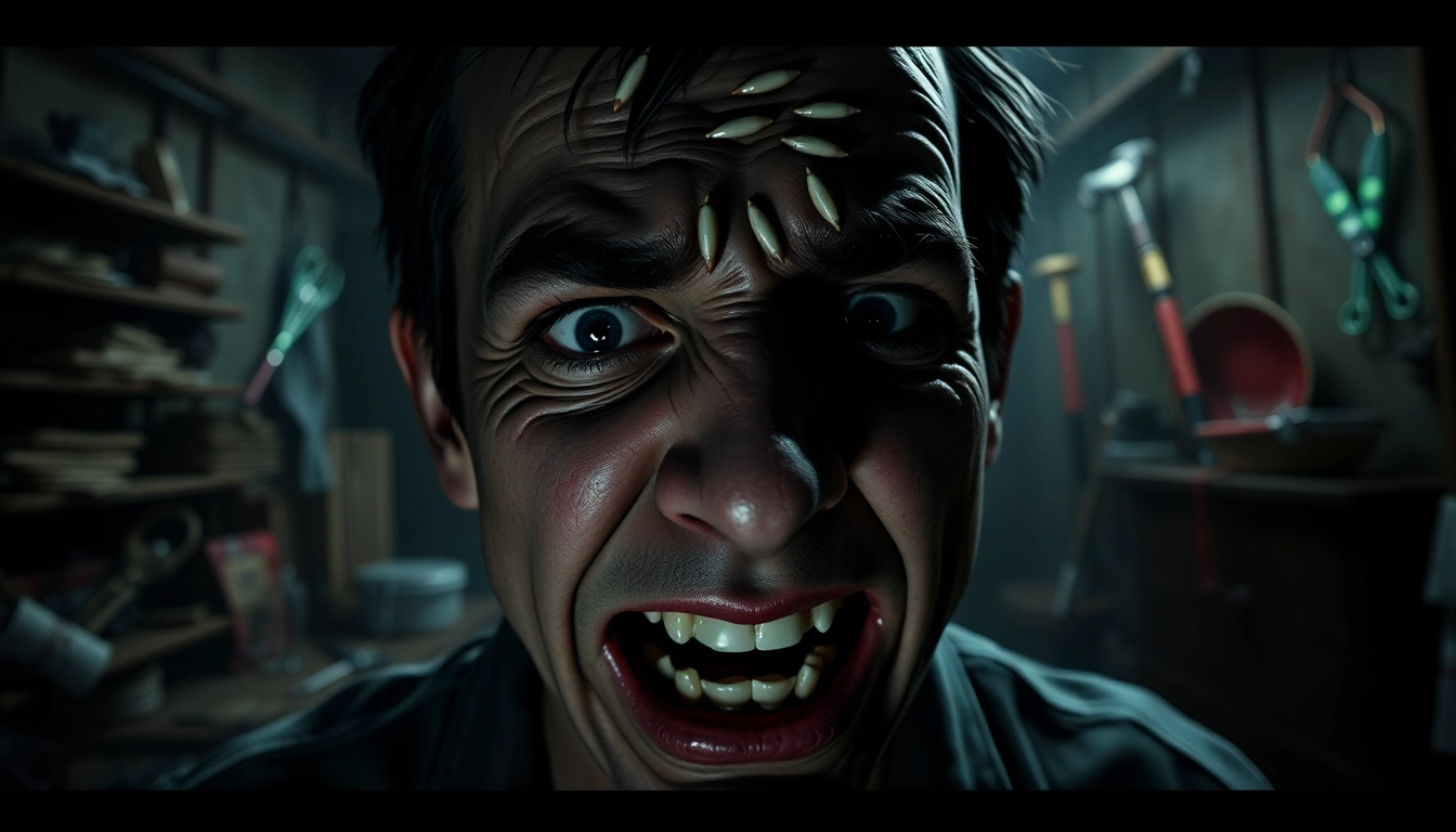 Close-up of Harvey showing fear and pain with a dark, disturbing background of violent tools.