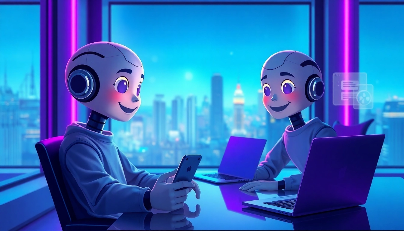 Futuristic chat room with an AI character engaging in conversation, illuminated by neon lights and high-tech cityscape background.