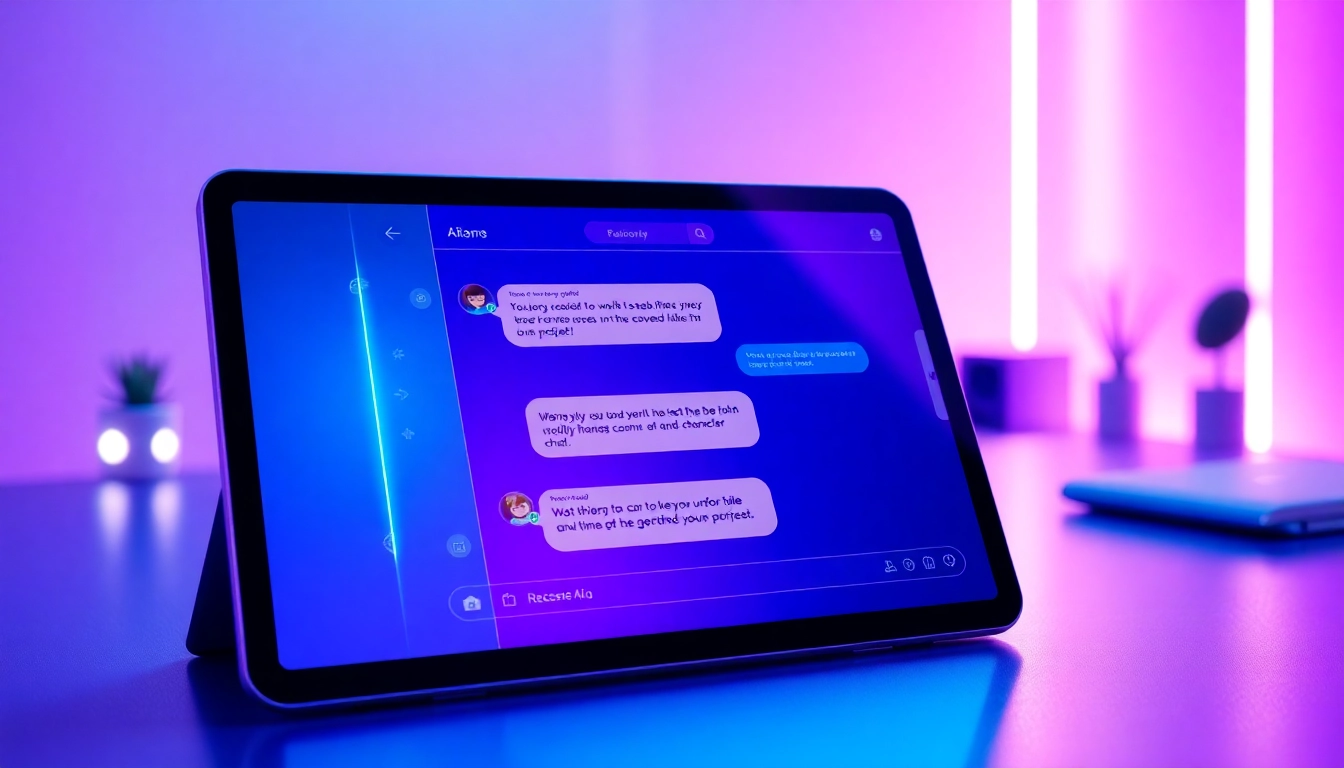 Futuristic AI chatbot interface on a sleek tablet with neon accents and modern workspace background.