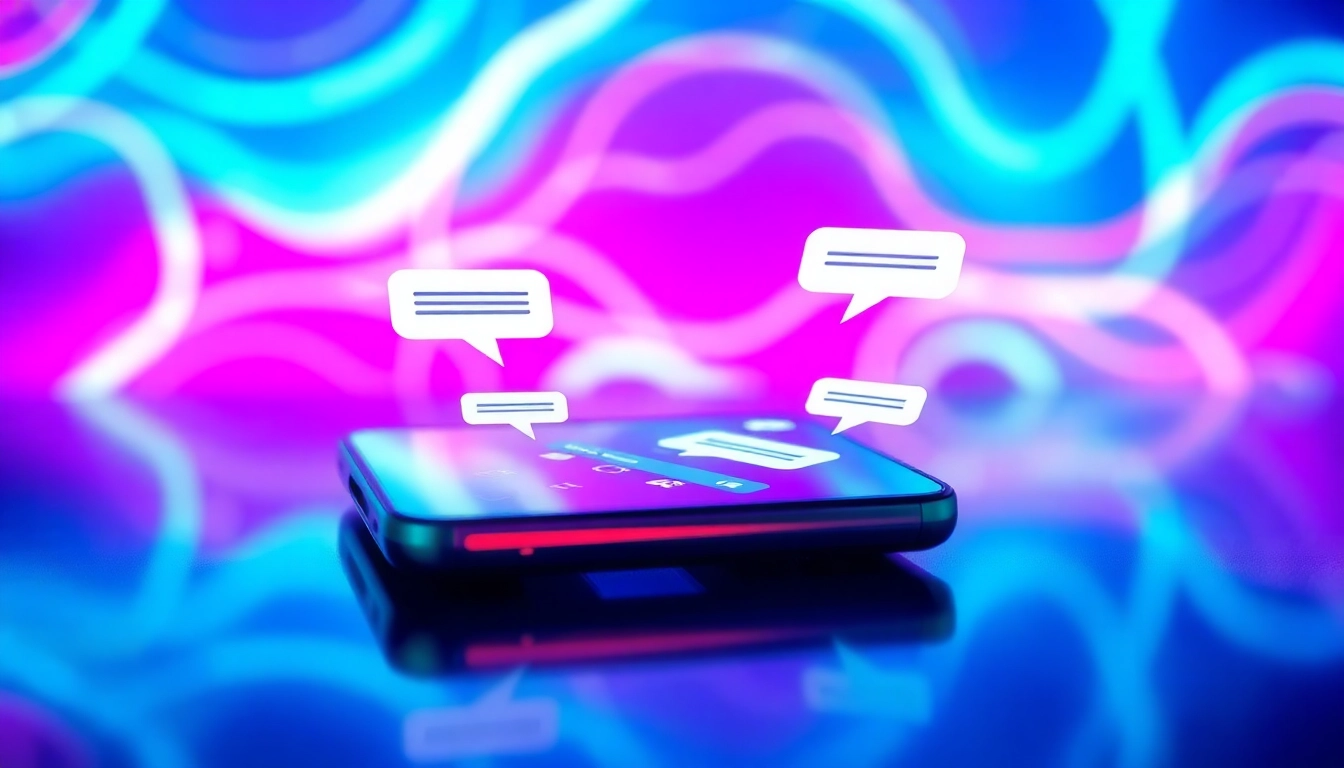 Futuristic chat interface on a device screen with colorful backgrounds and an AI character engaging in conversation.