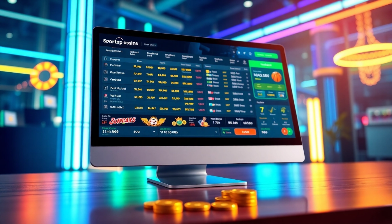 Digital illustration of an online sportsbook and casino platform featuring sports icons, betting odds, and glowing elements.