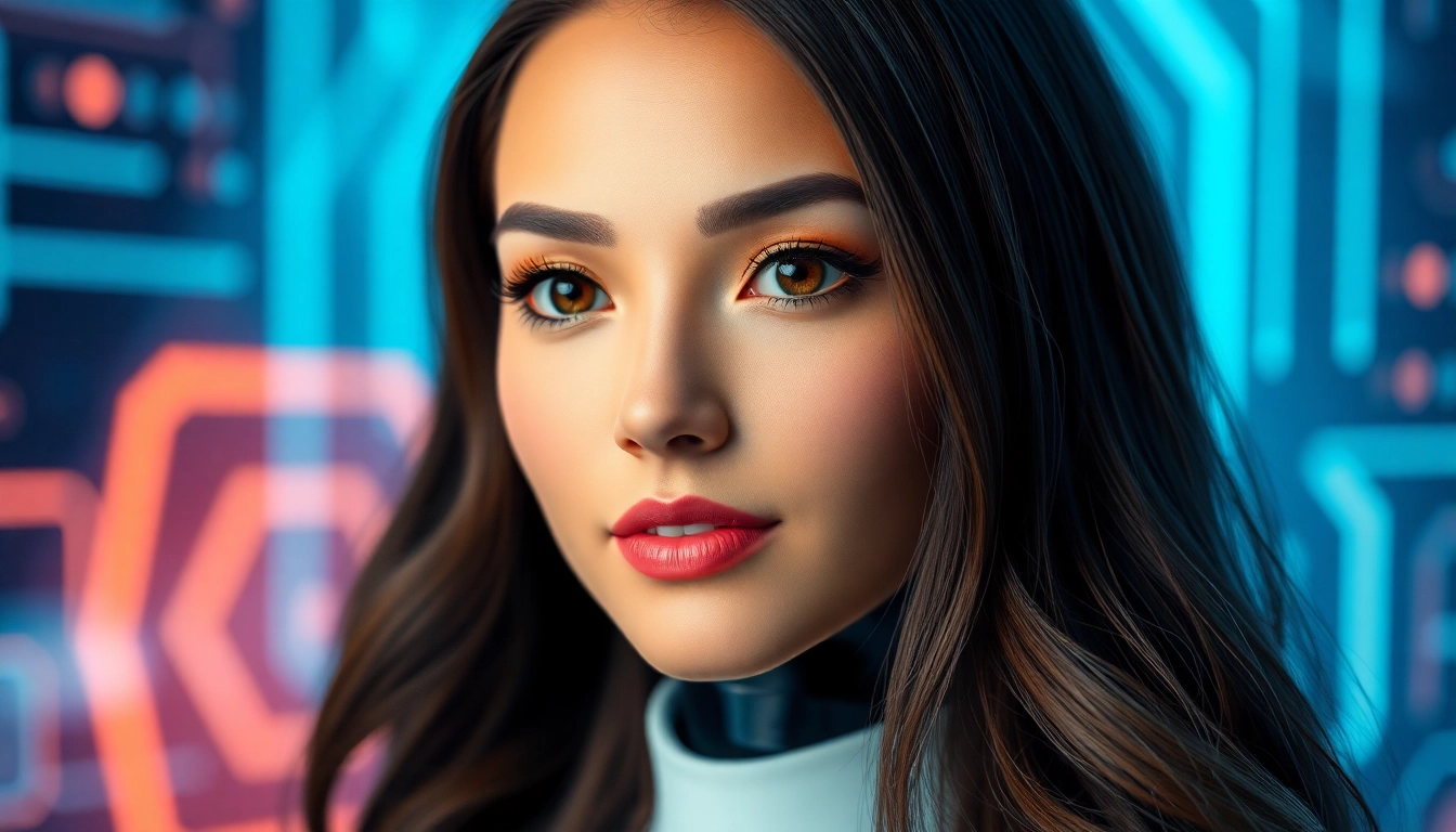 AI girlfriend engaging in realistic chat on a sleek futuristic interface, emphasizing emotional connection and technology.