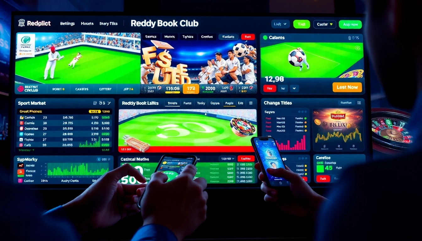 The Reddy Book Club logo displayed on a sleek mobile screen with live cricket, football, and casino games, emphasizing secure betting and user engagement, ideal for screen readers.