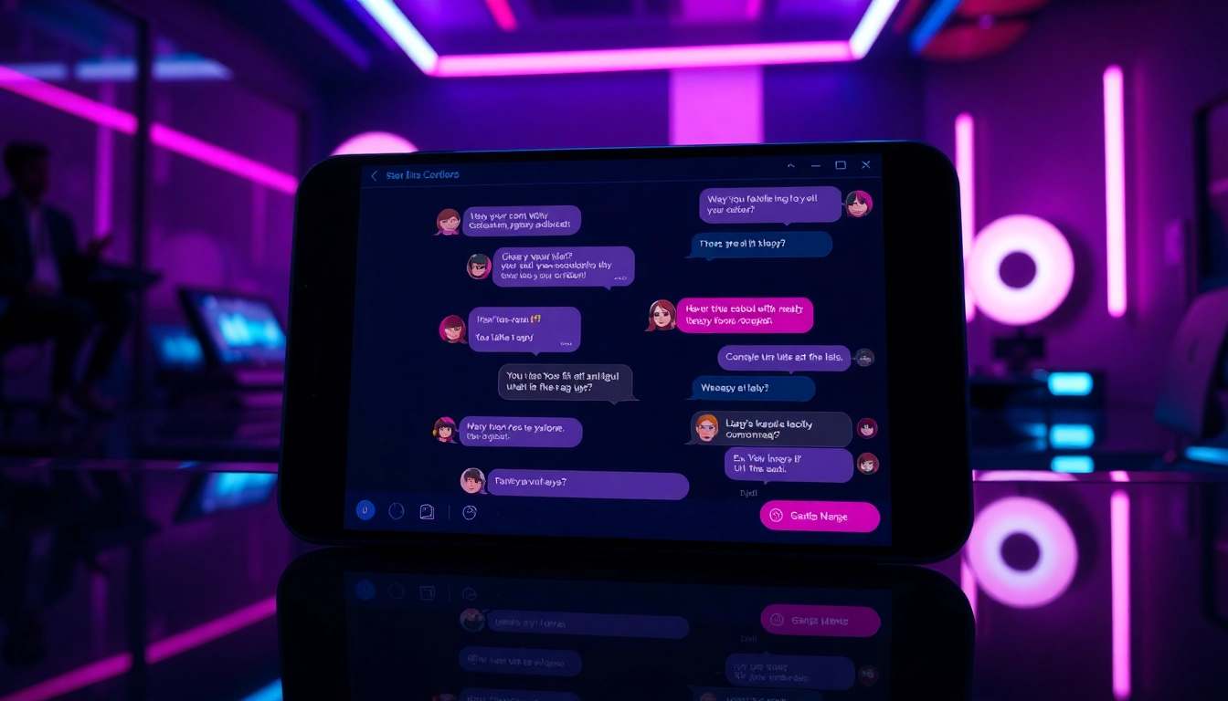 Digital chat interface with customizable AI characters in a neon-lit room, emphasizing adult-themed conversations.