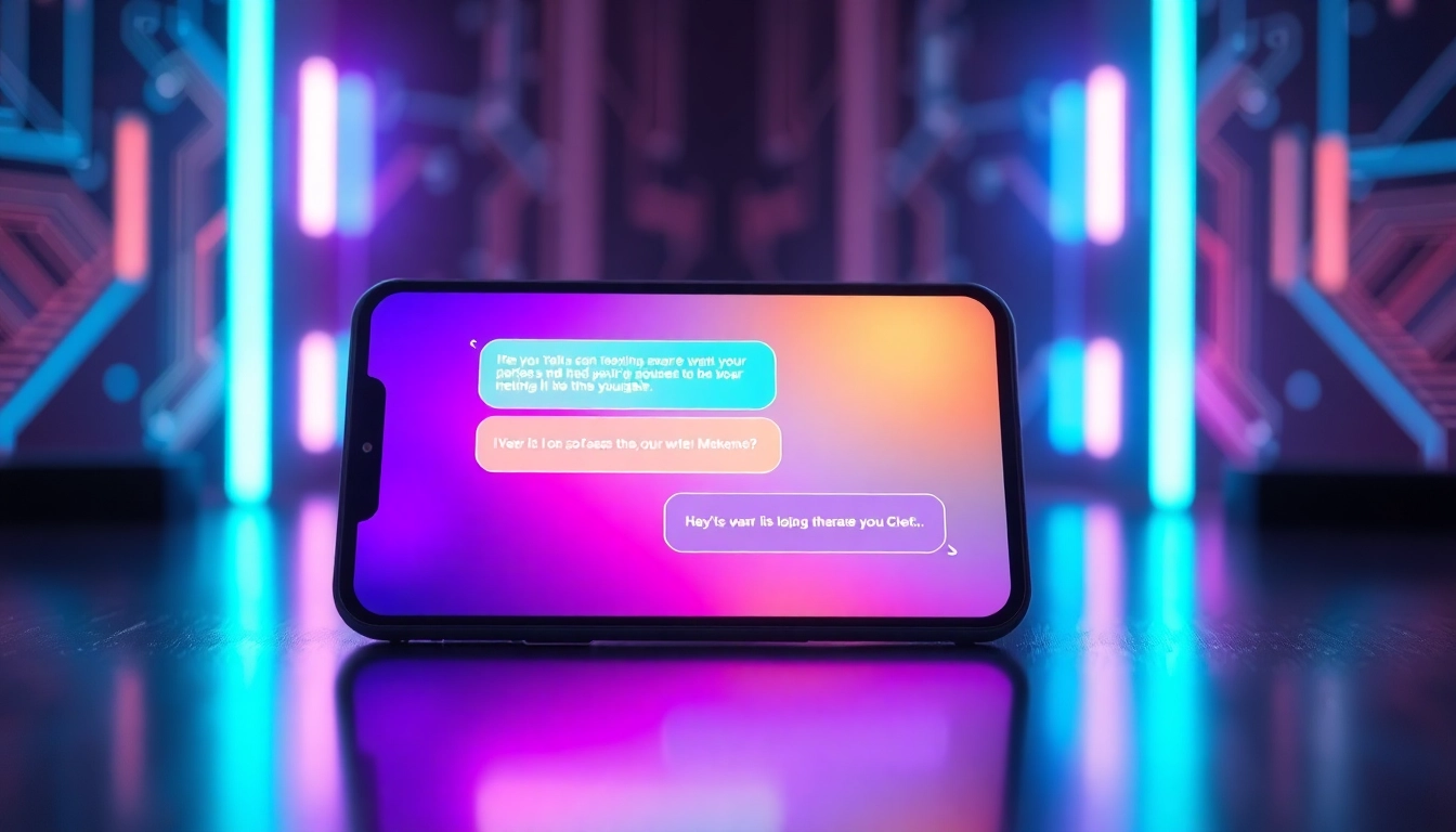 Close-up of a futuristic device screen showing a lively AI chat conversation with glowing text bubbles in a high-tech environment.