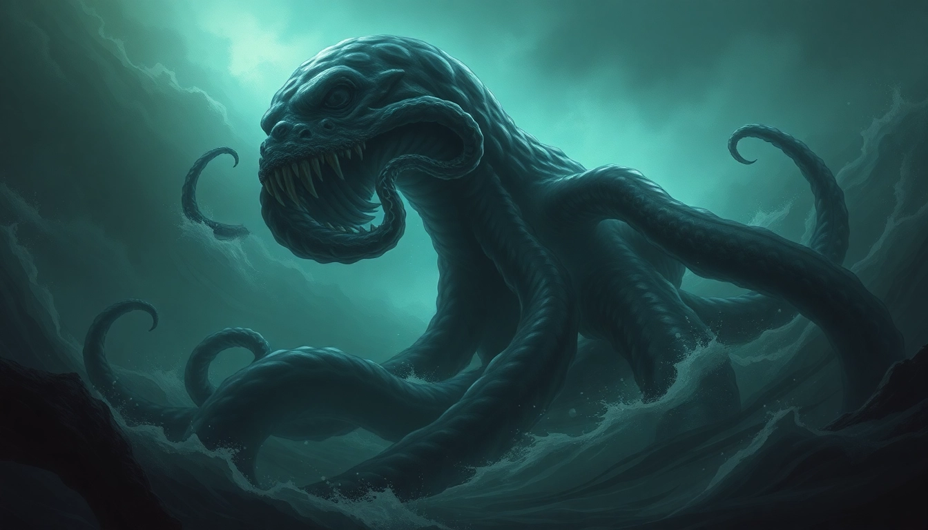 The depicts a legendary giant squid attacking a ship, emphasizing myth and ocean mystery