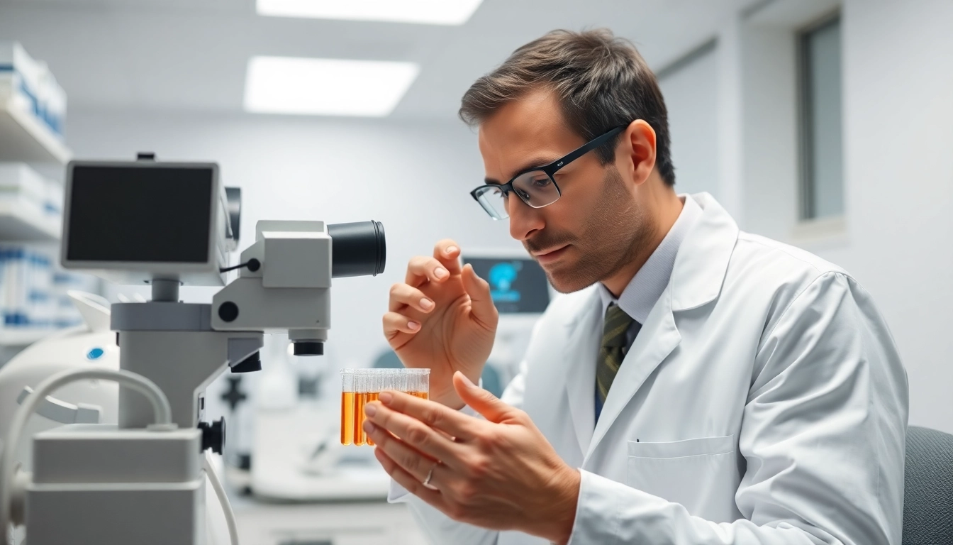 Spermiogramma analysis process with a laboratory technician examining sperm sample data visually