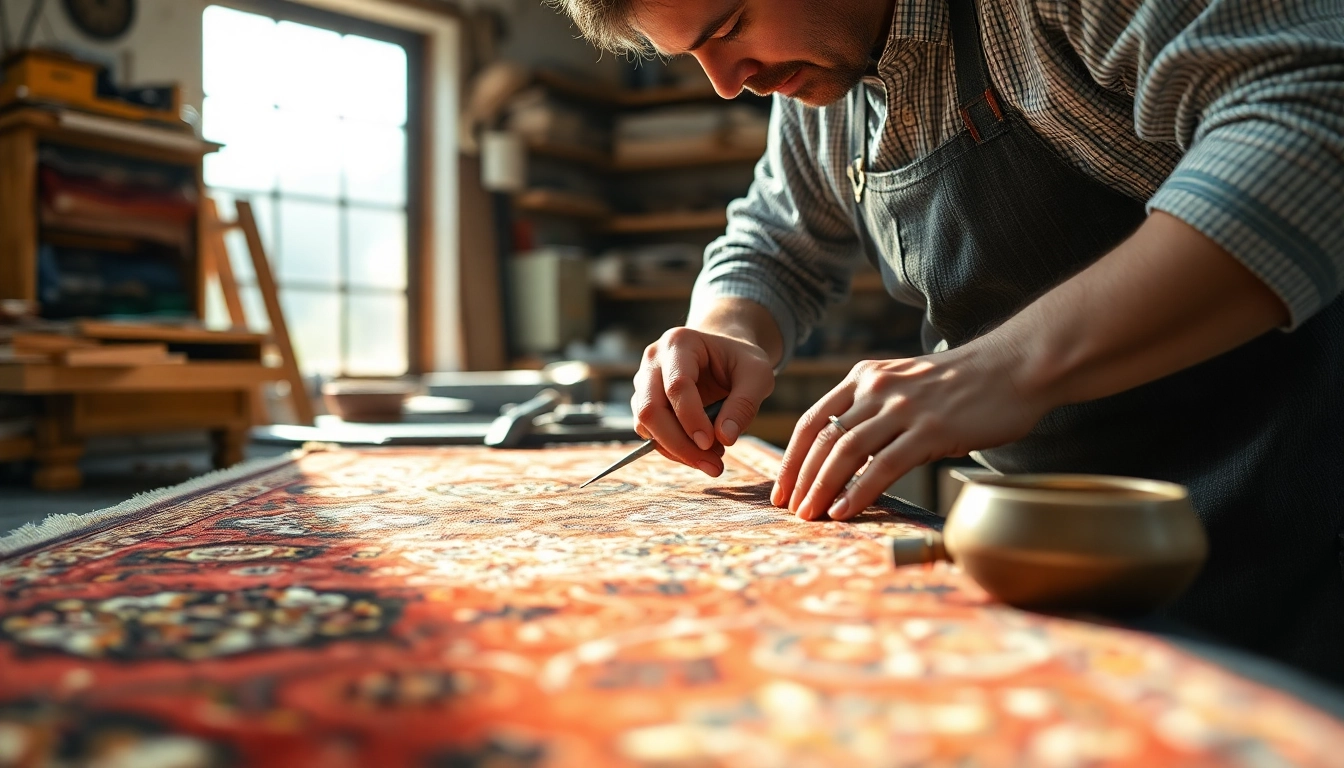 Expert restoring a beautiful antique carpet for Restauro Tappeti milano in a bright workshop