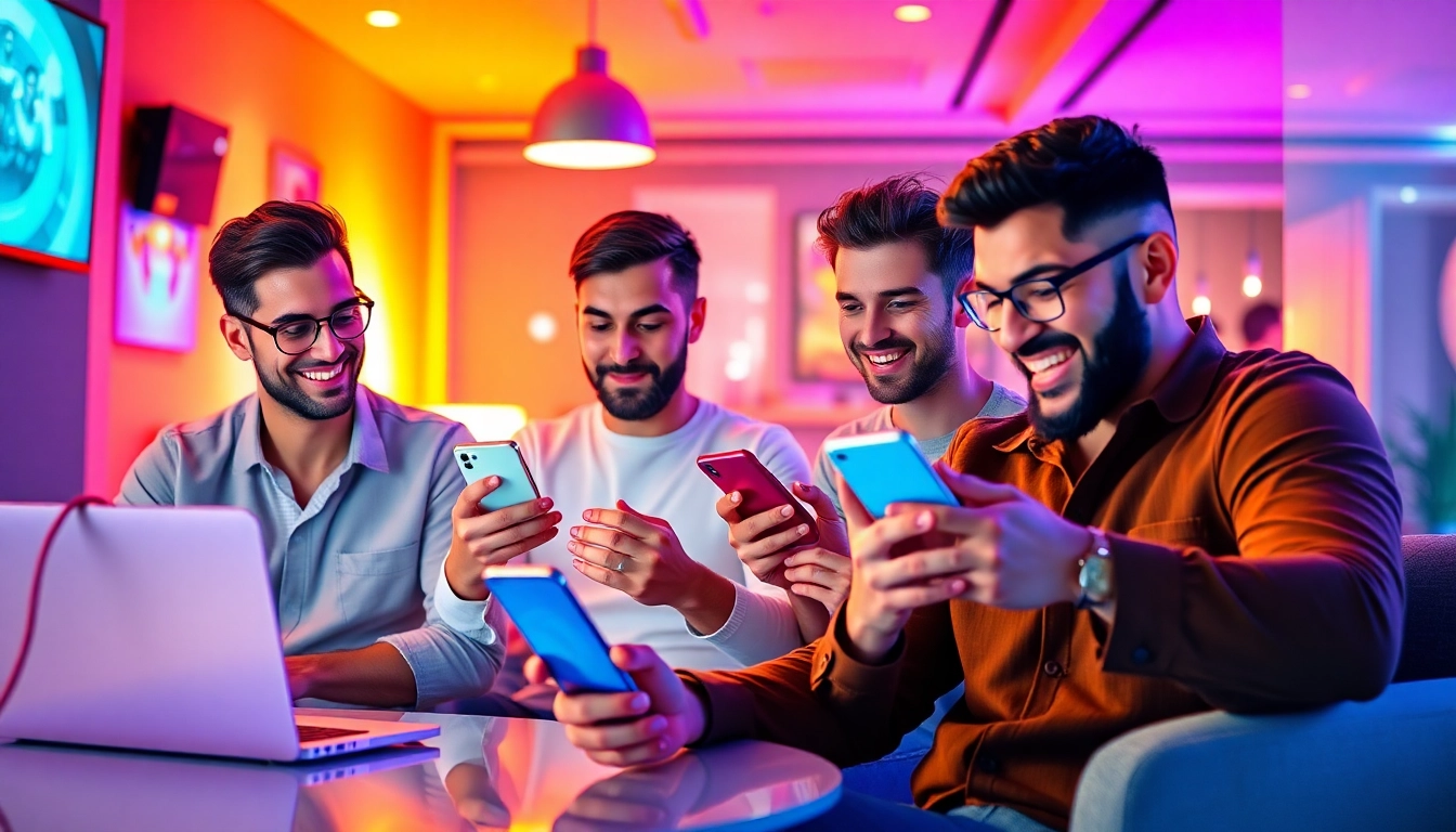 Engaging gay chat platform featuring diverse men interacting on devices with friendly