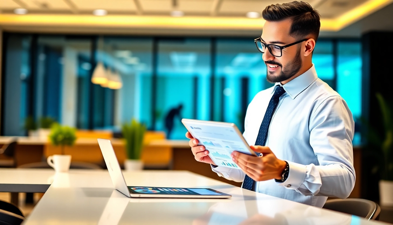 Business News for Startups analysis on a tablet in a modern office setting to inform entrepreneurs