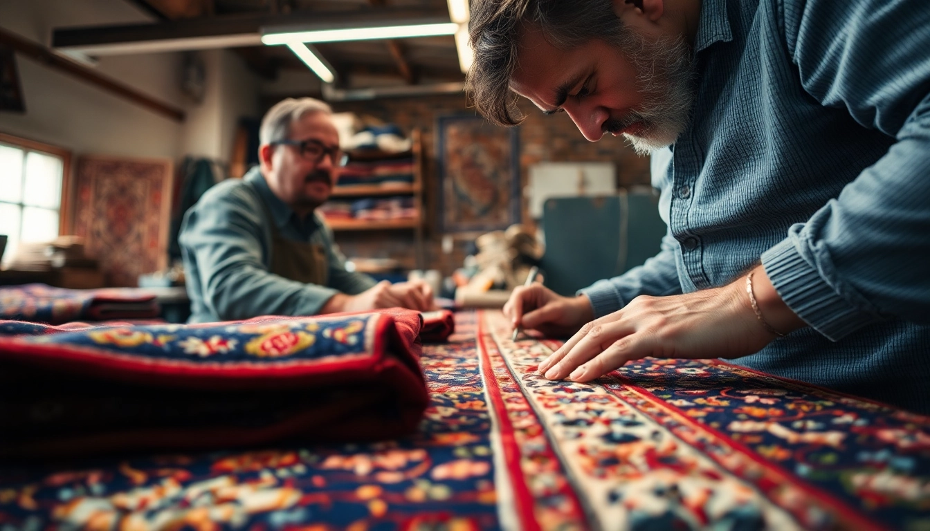 Skilled restorers working meticulously on a beautiful carpet in Milano, showcasing expert