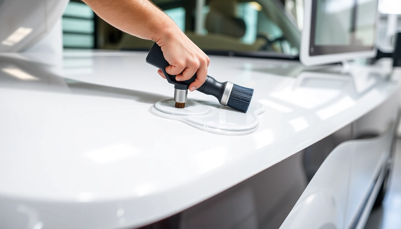 Professional team applying Wohnmobil Politursiegelung with high gloss finish on a GFK surface,