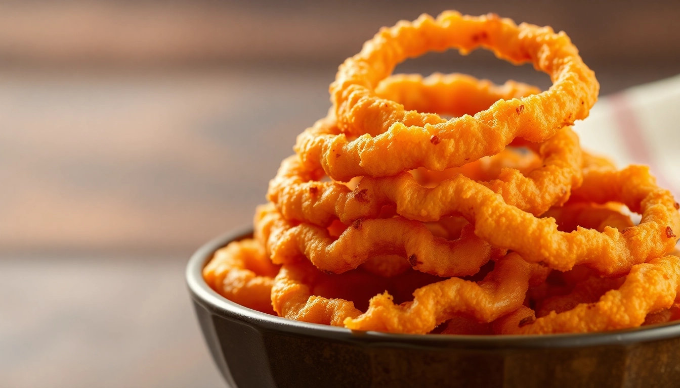 Fresh Fried Onion slices in a crispy snack bowl, golden color, appealing texture perfect for