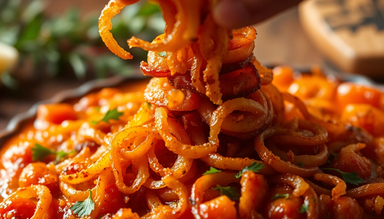 Fresh fried onion slices used as garnish on a savory dish to enhance flavor and crunch.